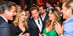 Celebrities engaging in lively conversation at a glamorous event.