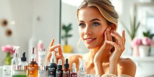 Celebrity applying skincare products for youthful appearance.