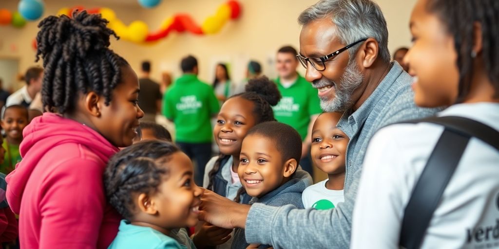 Celebrity interacting with children at a charity event.