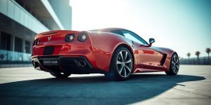 Mașină sport de lux, elegantă, lucioasă, roșie, parcată