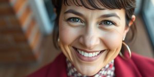 Persoană zâmbitoare, îmbrăcată elegant, stil personal