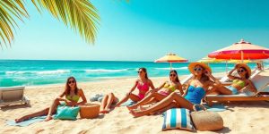 Celebrități stând pe nisip auriu, umbrele colorate, palmieri în fundal