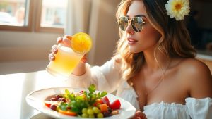 Vedete savurând apă cu lămâie și mâncare sănătoasă.